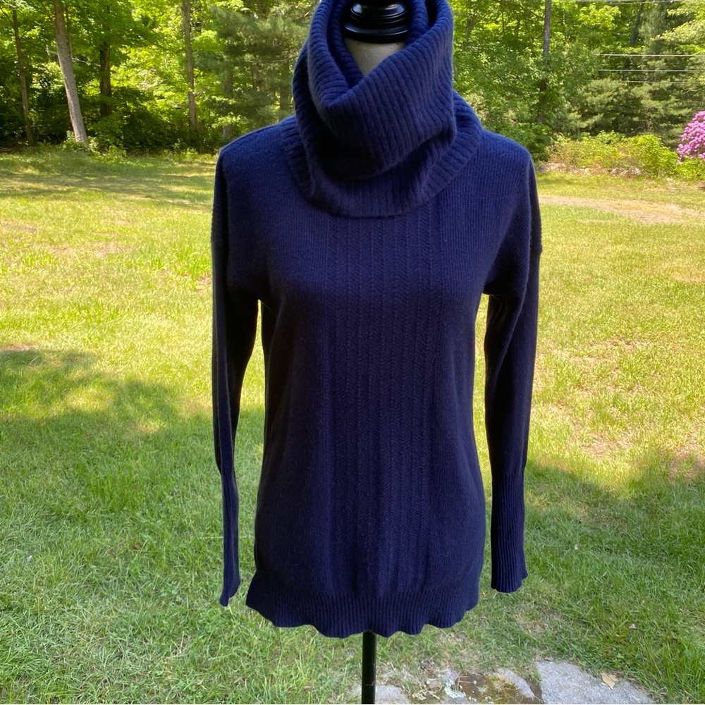 NANETTE LEPORE SWEATER COWL TURTLE NECK NAVY BLUE CASHMERE RIBBED TAG M fits S
